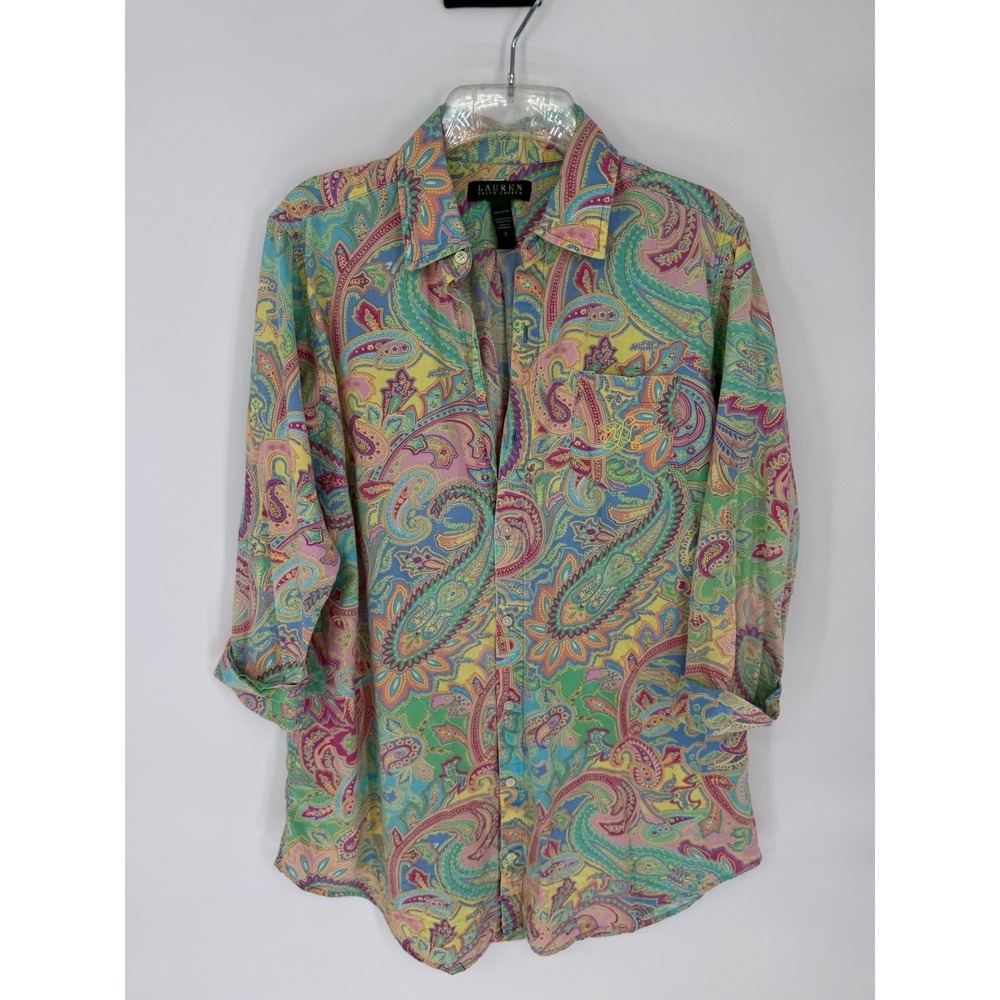 Lauren Ralph Lauren Shirt Women's Sm Paisley Button Up 3/4 Sleeve LRL Embroidery